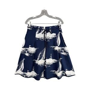 Talbots 6 100% Cotton Pleated A-Line Skirt Belt Knee Length Navy Blue Sailboats